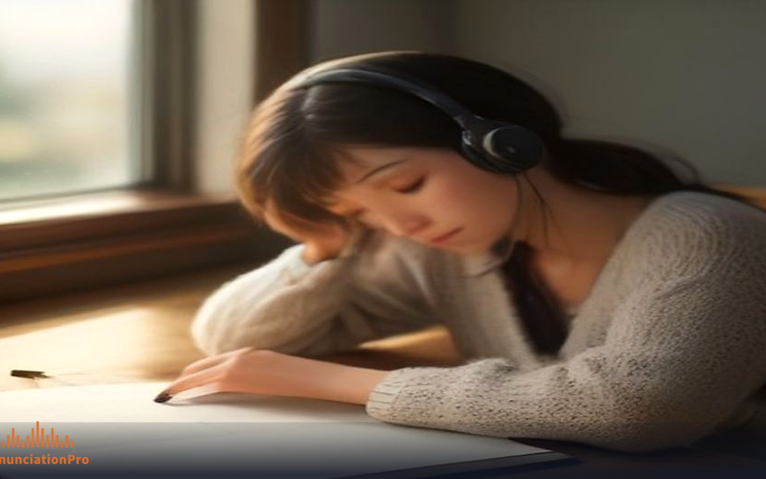 Adult professional studying a second language at a warm desk with notebook and headphones