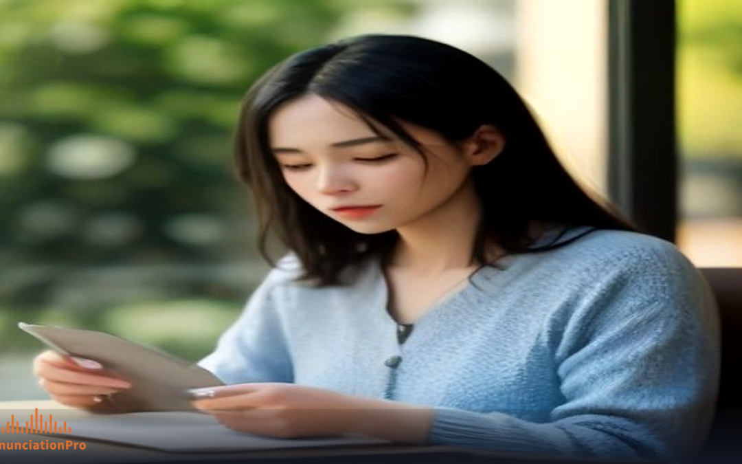 Adult practicing speaking with book or tablet in a warm study setting