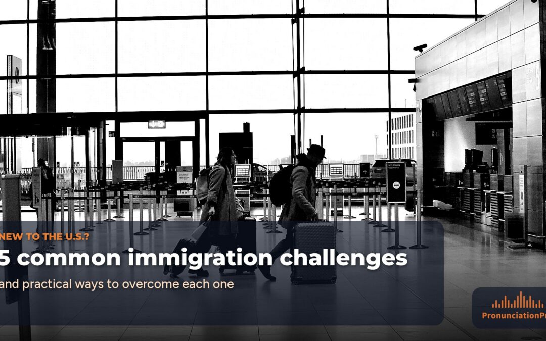 Black-and-white airport terminal with travelers pulling suitcases past large windows, with the text "New to the U.S.? 5 common immigration challenges and practical ways to overcome each one"